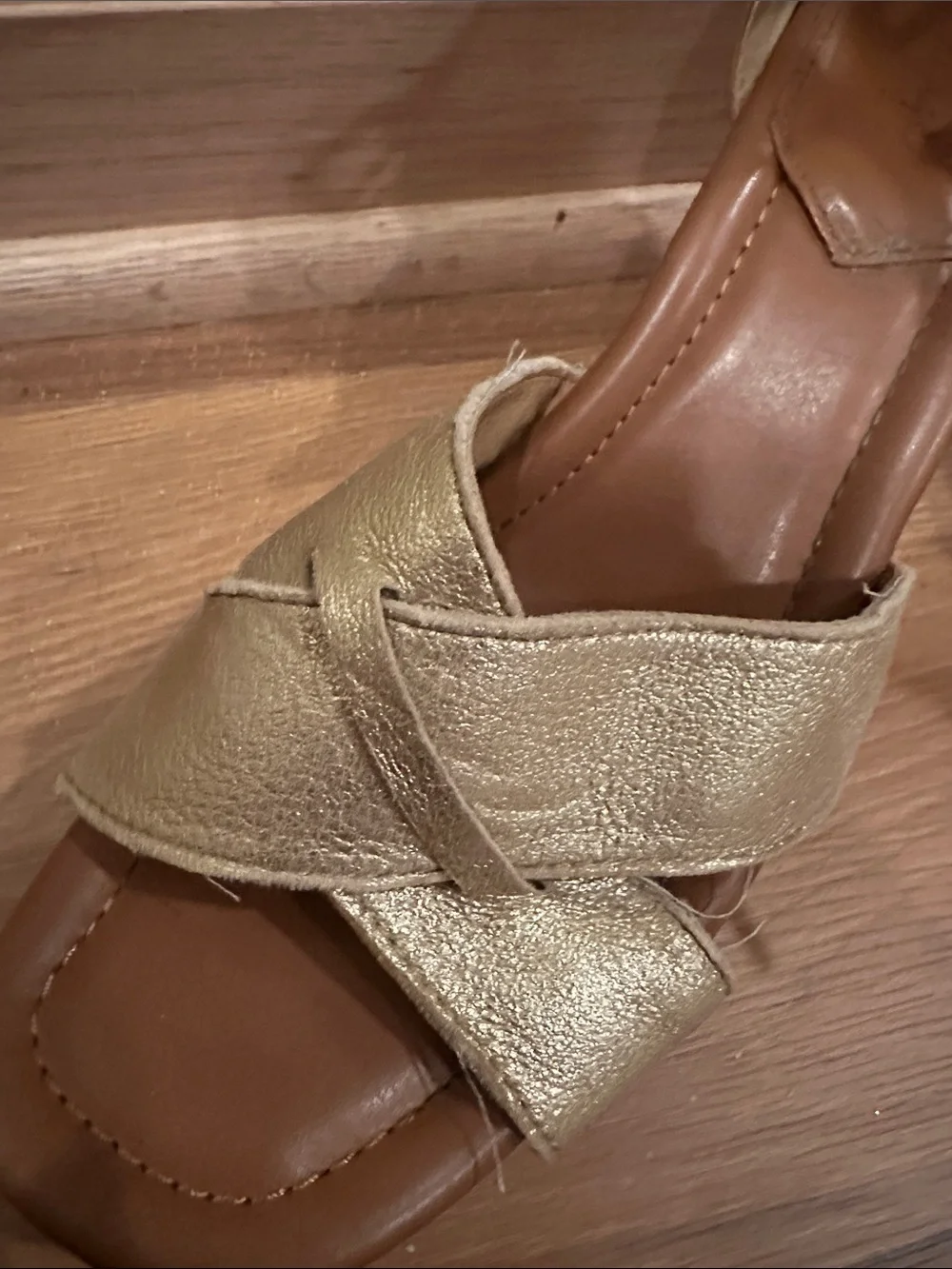 Crown Vintage Brown Cork Wedges with Gold Metallic Straps